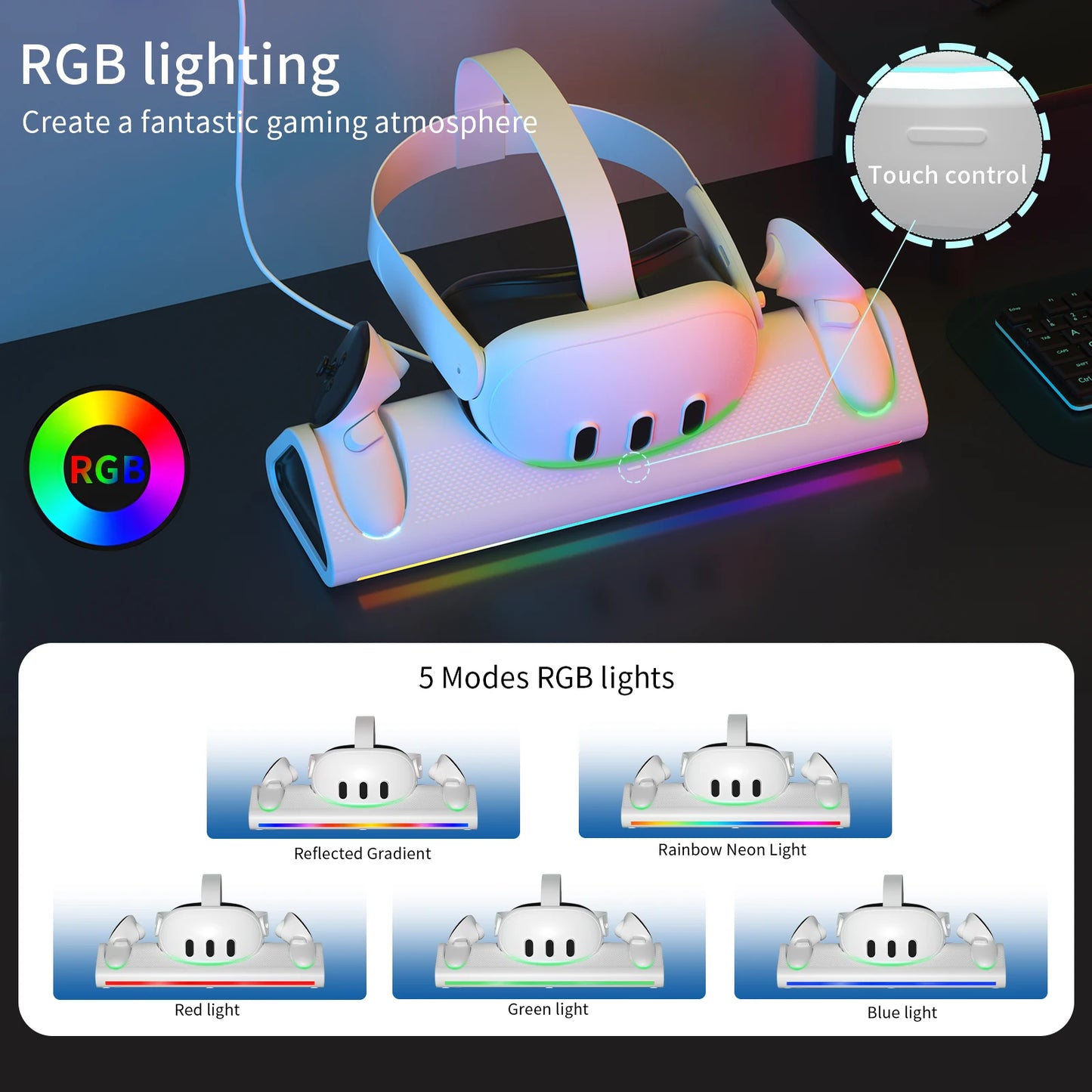 Base de recharge rapide pour casque VR Meta Quest 3/3S et accesoires , avec led de contrôle